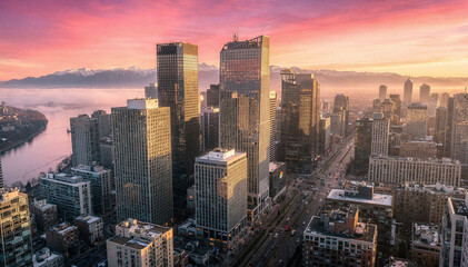 Vibrant Cityscape at Sunset with Majestic Mountains and River View