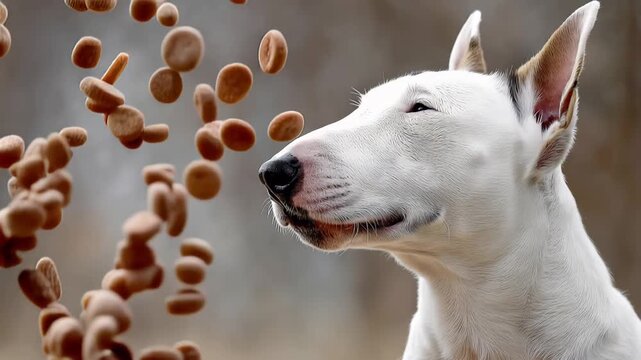 White bull terrier dog in profile as dry kibble treats fall in slow motion 60 FPS