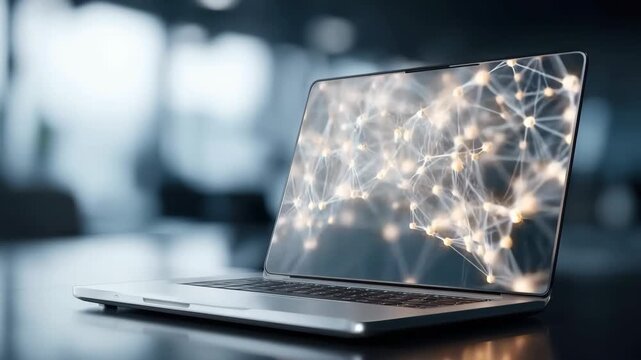 Laptop on desk with glowing neural network data visualization animation in modern office 60 FPS