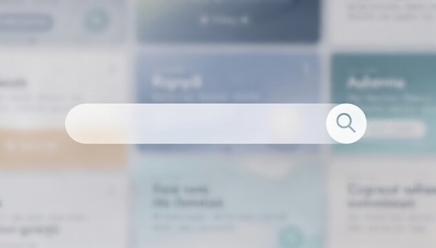 Medium shot of a multilingual information portal interface showing a prominent search bar with a language selector dropdown blurred background results in mixed languages for clear