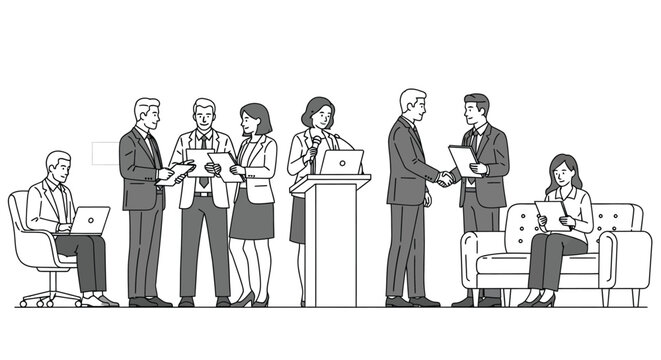 Black and white vector illustration depicting a diverse group of business professionals engaged in various corporate activities including a presentation a handshake agreement and document review sessi