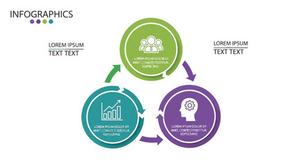 Dynamic three-step circular infographic vector illustration for business presentations, strategic planning, and workflow visualization, featuring distinct icons representing collaboration, data analys