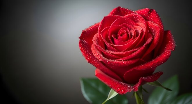 Close-up of a Dewy Red Rose with Water Droplets on Petals and Green Leaves