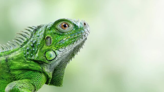 Green iguana close up profile with subtle head lift on soft bokeh background 60 FPS