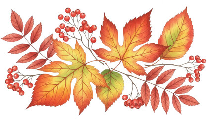 Vibrant autumn leaves and red berries on a branch with seasonal foliage