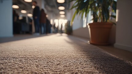 Obraz premium Sunlit office corridor with textured carpet and blurred figures in the background seen from a low angle