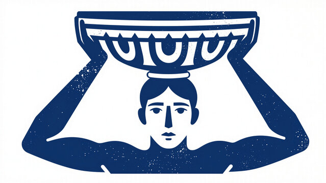 Artistic blue and white graphic illustration of a classical female caryatid supporting an ornamental basin inspired by ancient Greek architecture.
