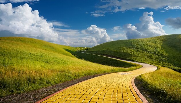 this image features a winding yellow brick road traversing lush rolling hills beneath a blue sky dotted with fluffy clouds inviting exploration and discovery