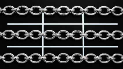Fototapeta premium Industrial metal chain links arranged in horizontal rows over a white grid on black background suitable for security construction or hardware themes. 