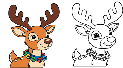 Cute Christmas reindeer cartoon illustration side by side with black and white coloring page line art featuring colorful jingle bells. © MstTabassum