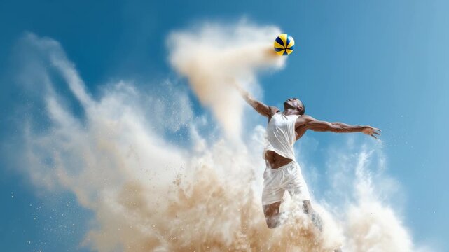 Beach volleyball player jumps for powerful spike sending sand plume into blue sky 60 FPS
