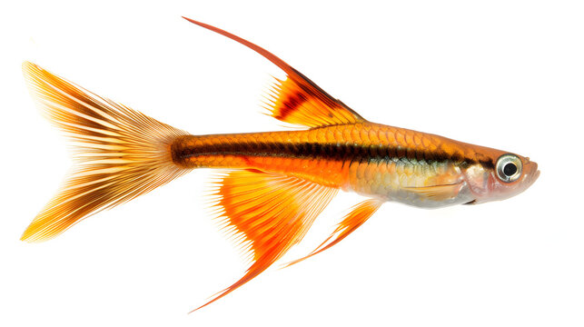 Vibrant Iriatherina werneri threadfin rainbowfish on white background, macro shot of exotic freshwater fish