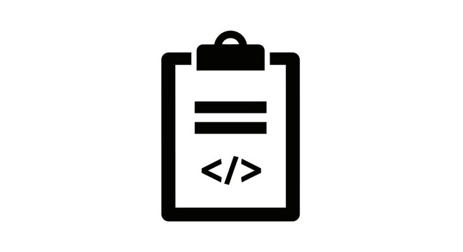 Black and white coding clipboard icon.