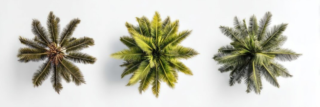Overhead shot of three cycads in various shades of green, set against a bright white background