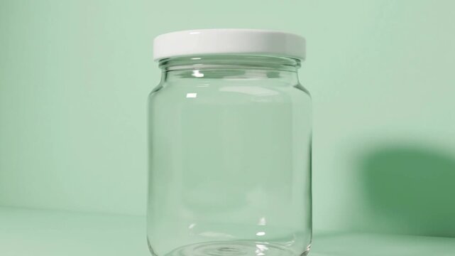 Empty clear glass jar with white lid on mint background