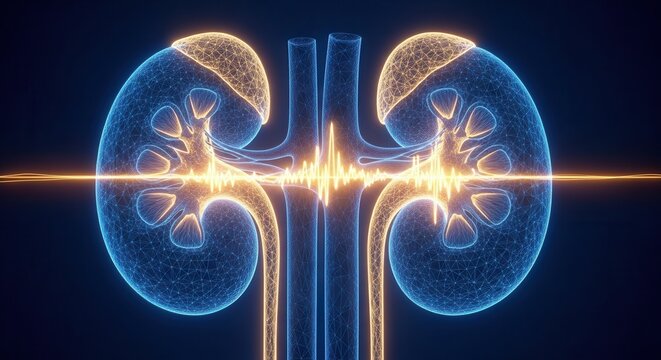 Stylized glowing human kidneys with an energetic pulse, representing health, medical science, and vital organ function.