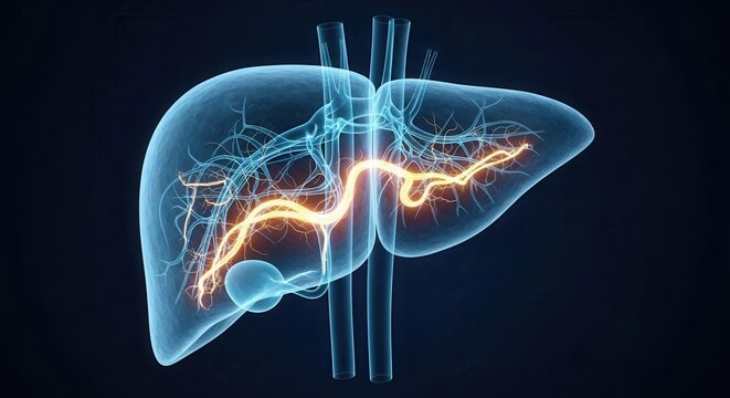 Detailed anatomical illustration of the human liver with highlighted internal vascular and ductal structures against a dark background.