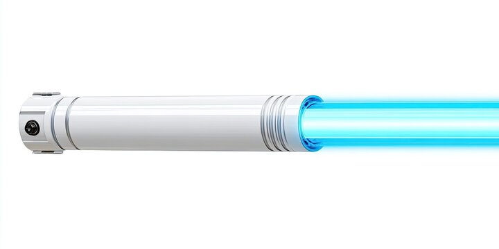 A glowing blue energy beam emanates from a metallic cylindrical device on a white background
