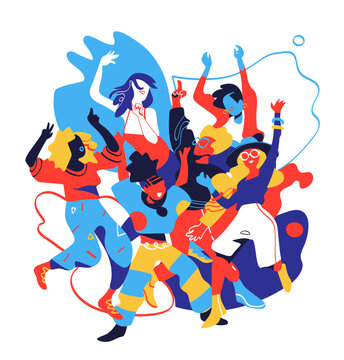 Six stylized figures in dynamic dance poses; bold contrasting colors. Geometric patterns on clothing; a light blue background that makes the colors pop.