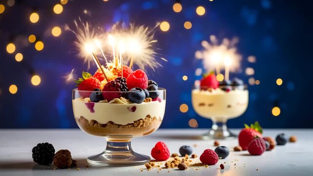 Dessert parfait with berries, sparklers, and lights
