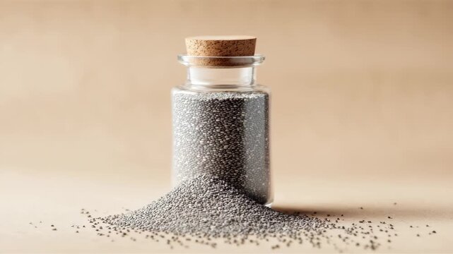 60 FPS Glass jar with cork stopper as chia seeds spill and form shifting mound on beige backdrop