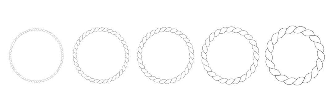 Twisted Rope Circle Frame Set Nautical String Round Border Decorative Vector Illustration Isolated on White Background