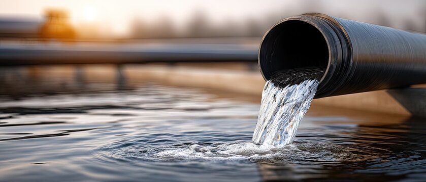 Water flows from a black pipe into a pond at sunset on a farm with crop farming systems and a natural drip method