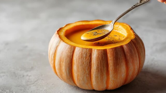 Delicious pumpkin soup served in a hollowed pumpkin bowl with a silver spoon on a light stone background. Warm autumn comfort food perfect for cozy seasonal gatherings and festive dinners