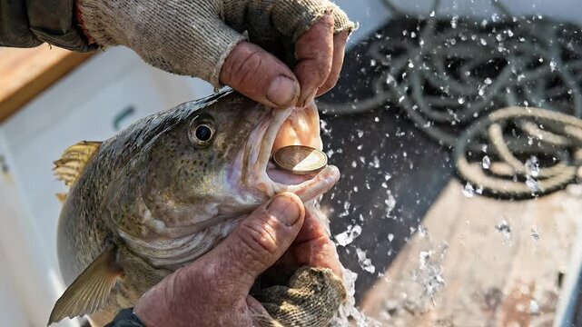 Fisherman's weathered hands holding large freshly caught fish on wooden boat deck representing biblical fishing miracle disciples and the calling of Simon Peter by Jesus Christ