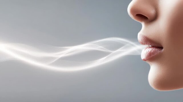 60 FPS Close up side profile lips exhaling visible airflow waves on soft gray background