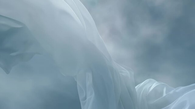 White translucent fabric billowing in slow motion through misty blue studio air 60 FPS
