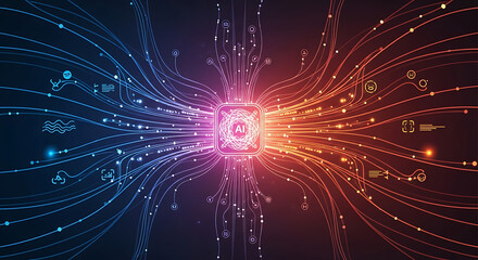 Futuristic neural network with glowing pink and orange connections on dark background representing ai and technology