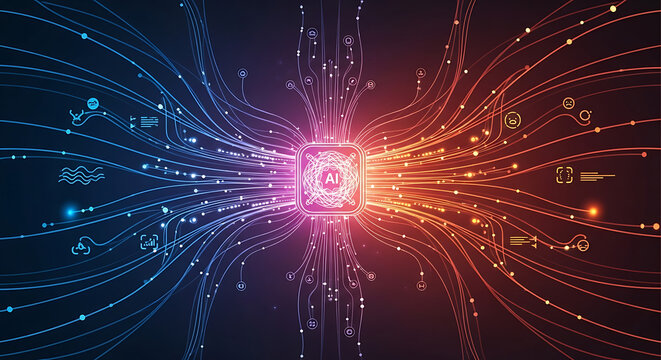 Futuristic neural network with glowing pink and orange connections on dark background representing ai and technology