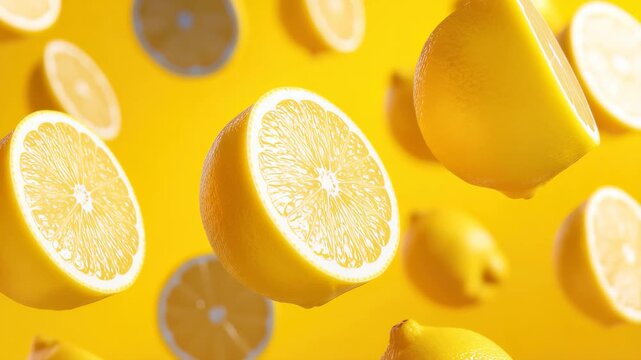 Floating lemons and sliced citrus drifting on bright yellow background studio macro 60 FPS