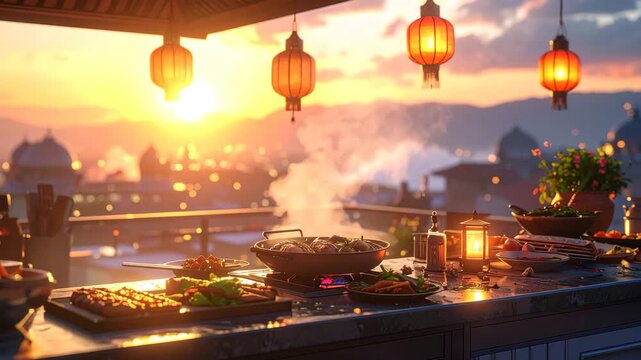 Rooftop dinner with lanterns, city sunset view, and assorted food