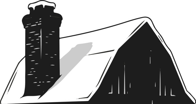 A black and white sketch of a snow-covered roof with a chimney