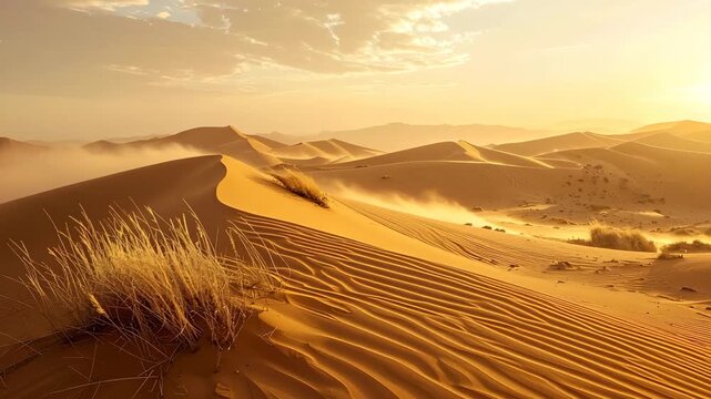 Golden desert dunes under a warm, hazy sky with sparse vegetation