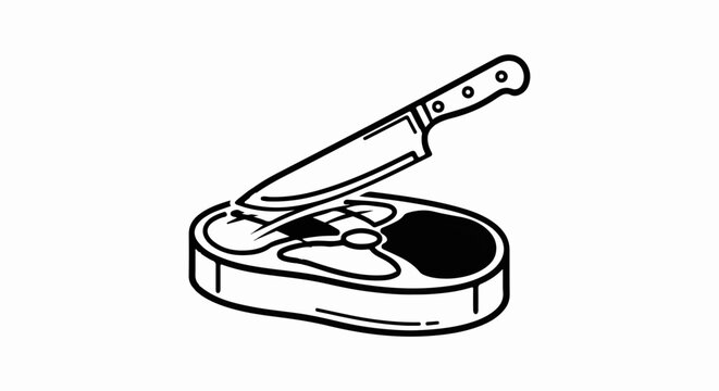 A stylized black and white illustration of a steak being cut by a knife