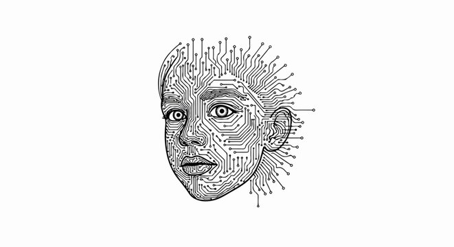 A stylized portrait of a child's face rendered as a circuit board