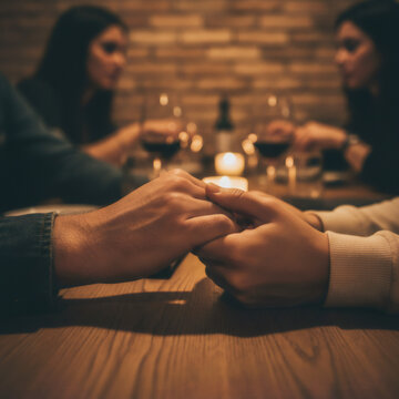 Man and woman holding hand during romantic dinner at restaurant. Couple enjoying candlelit date night with wine. Intimate relationship, love, connection and togetherness concept.