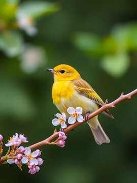 Yellow Warbler Setophaga petechia tiny bright yellow bird perched delicately a blossoming branch vibrant against a blurred green background