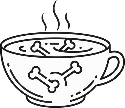 A steaming cup of broth with visible bones inside, drawn in outline