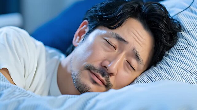 Middle aged man sleeping in bed with a peaceful expression