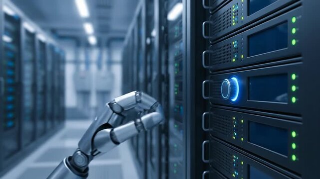Ai data center energy consumption monitoring control robotic hand adjusts server button for smart automated power optimization system panel hardware technology efficiency blue light focus automation