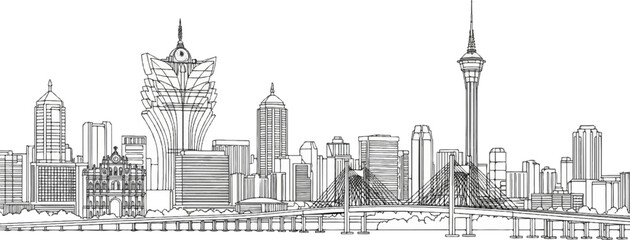 Fototapeta premium A striking black and white sketch of a city skyline featuring iconic structures and bridges