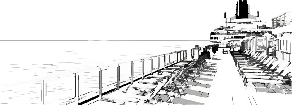 A stylized drawing of a ship's deck with lounge chairs overlooking the sea
