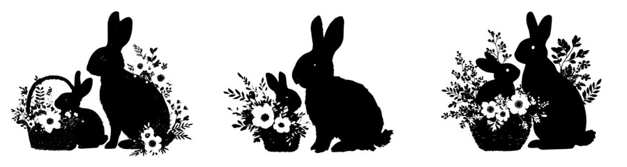 Obraz premium Whimsical Easter Escape: A Silhouette of a Bunny and Lamb in a Basket of Flowers