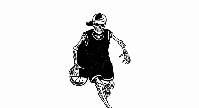 A skeleton in a basketball uniform dribbles a ball and wears a backwards cap