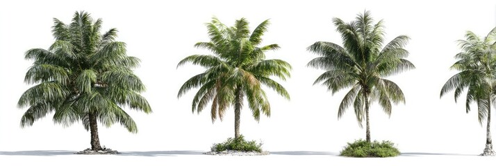 Fototapeta premium Four palm trees of varying sizes with green fronds and brown trunks against a white background