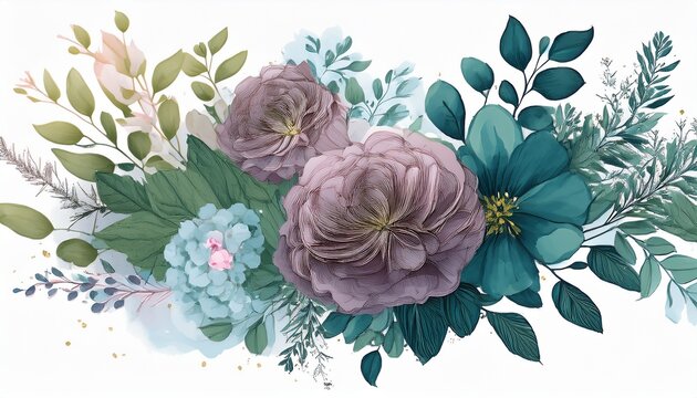 bouquets with leaves and flowers alcohol ink isolated on white vector